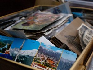 A box filled with old photographs.